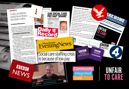 A collection of newspaper clippings reporting on the 'Unfair to Care' Campaign.