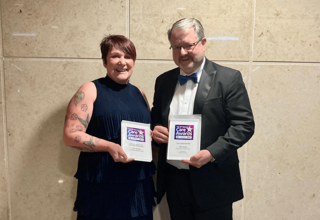 Mark and Tracy with their accolades at the National Care Awards