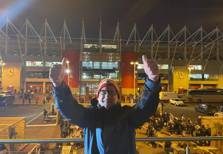 DJ Gav outside Boro stadium Womens Football match