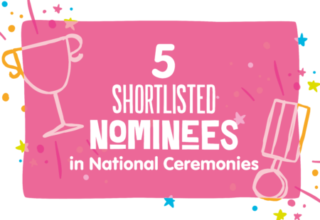 Pink banner with multicoloured confetti, an orange trophy and badge, reading '5 Shortlisted Nominees at National Ceremonies'