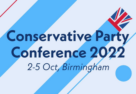 Blue and white banner reading 'Conservative Party Conference 2022'