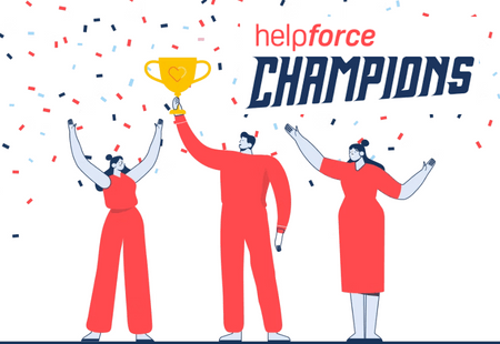 Cartoon men and women hold up a golden trophy, surrounded by red and blue confetti.