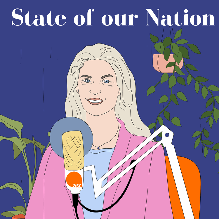 Cover photo for State of our Nation Podcast - a cartoon drawing of Kari Gersthiemer