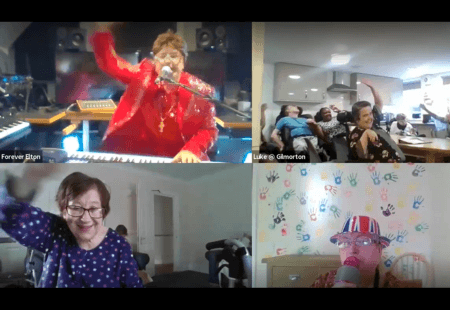 People dancing on screen to Forever Elton.