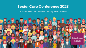 Social Care Conference 2023 illustrated poster, depicting a crowd of different illustrated people.