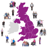 Map of Britain in purple, with different types of people around it.
