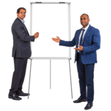 Two professional men pointing at a white board.