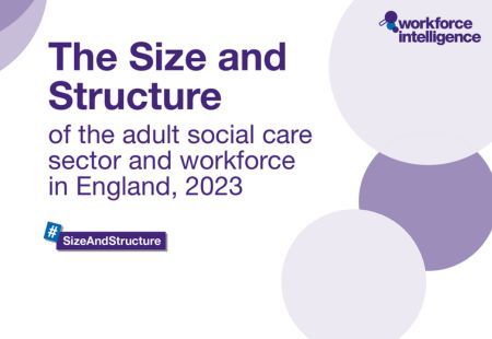 Text reads: The Size and Structure of the adult social care sector and workforce in England, 2023. Purple circle surround text with Workforce Intelligence logo in the corner.