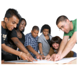 A group of 6 people pointing on one sheet of paper