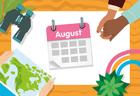 Graphic image of calendar. Images surrounding the calendar include binoculars, hands holding hands and hands holding a world map.