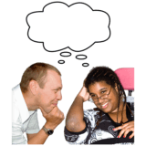 People smiling with a speech bubble over their head