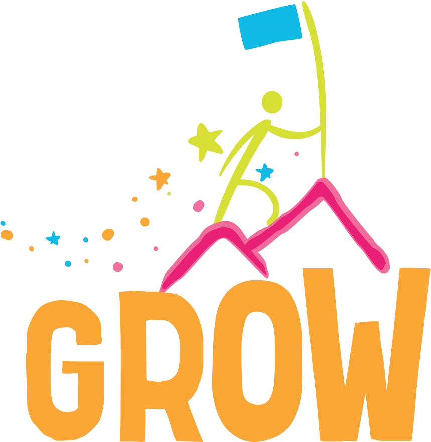 GROW logo: On top of the word GROW (in orange), a green stick person walks up a pink mountain and places a blue flag on the summit. The figure is surrounded by multi-coloured stars.