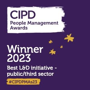 A purple banner reading "CIPD People Management Awards Winner 2023: Best L&D Initiative - public/third sector."