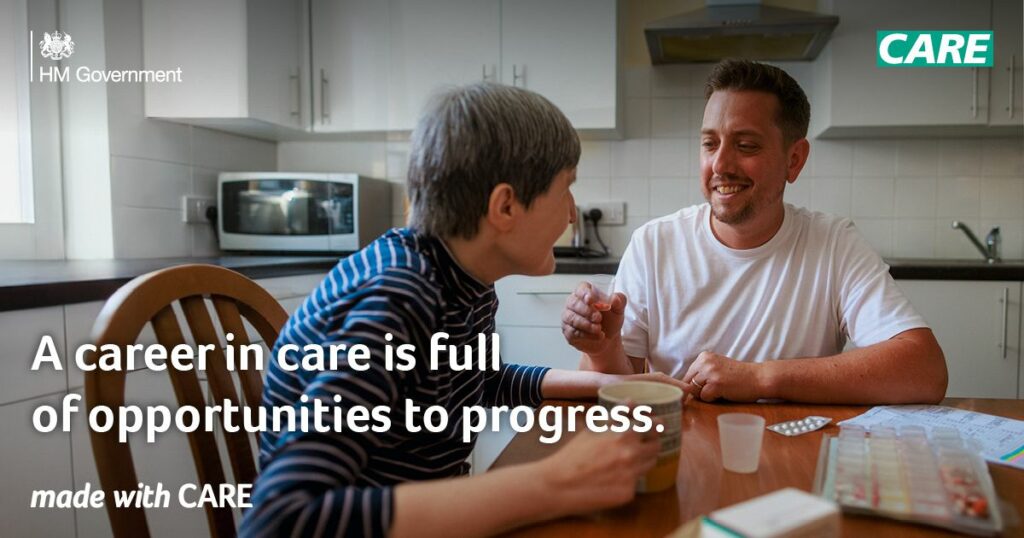 Department of Health and Social Care campaign post featuring a male support worker smiling with a person we support