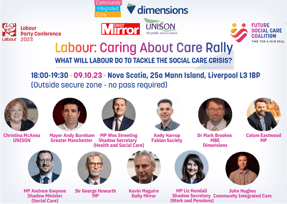 Banner advertising the Labour: Caring About Care Rally'. event details include 18.0-19.00 on 9th October 2023 at Novia Scotia 25a Mann island, Liverpool L3 1BP