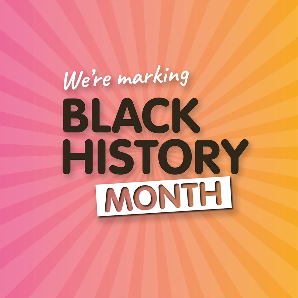 Pink and orange sign reads 'We're Marking Black History Month'.