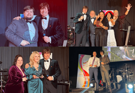 A collage of Community Integrated Care's Awards winners onstage at the great British Care Awards North East and Scotland, and North West events.