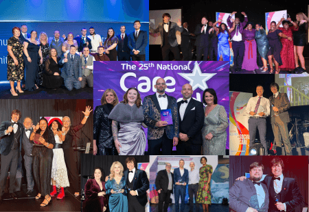 A collage of Community Integrated Care's teams and colleague's collecting trophies on stage at charity awards events.