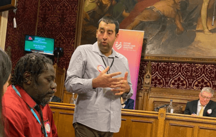 Tauseef, a person supported by Community Integrated Care, stood up in Parliament and sharing his experiences to peers and policy makers for the FSCC's Carenomics Report launch.
