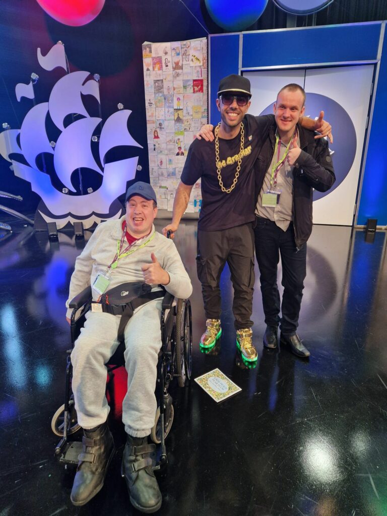 Phil and Gary meeting MC Grammar on the Blue Peter set.