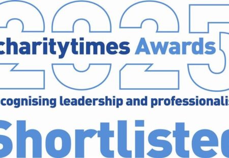 A blue logo reading 'Shortlisted Charity Times Awards 2025'