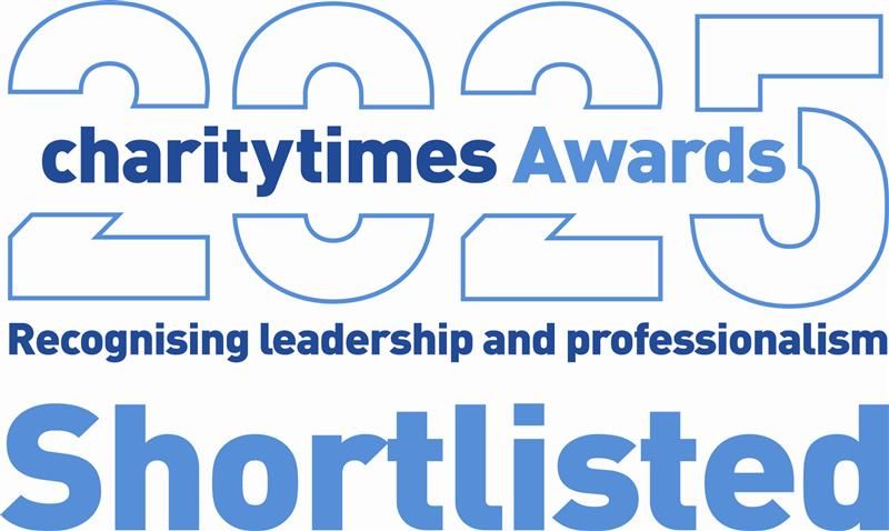 A blue logo reading 'Shortlisted Charity Times Awards 2025'