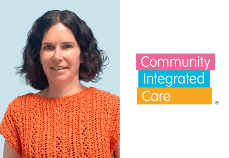 On the left is Julia Greene smiling to camera. She has dark brown curly hair and is wear a bright orange top. On the right is the community integrated care logo.