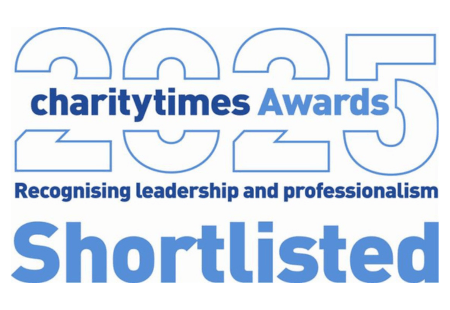 A blue logo reading 'Shortlisted Charity Times Awards 2025'