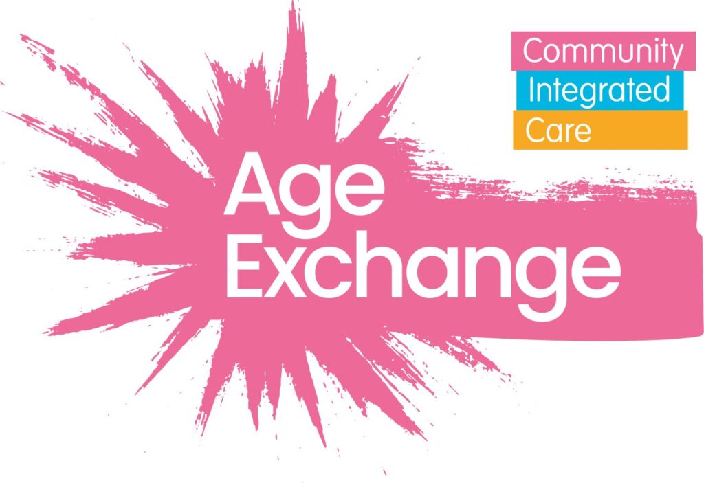 The new Age Exchange logo. A vibrant splash of pink paint with 'Age Exchange' in white. Slightly above is the community integrated Care logo.