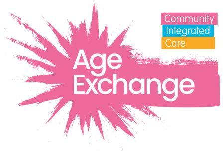 Age Exchange's new logo - a Splash of pink pain with Age Exchange in white and the Community Integrated Care logo to the top right.