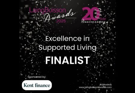 A black tile with sparkles in the background reads, Laing Buisson Awards Excellence in Supported Living Finalist'