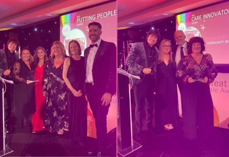 Two teams from Community Integrated Care stand onstage at the Great British Care Awards Scotland, collecting their trophies and smiling to camera.