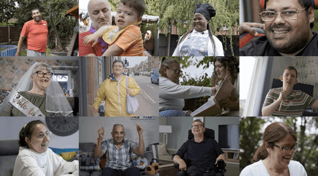 A collage of people we support smiling to camera, doing various activities - from chatting to their support teams to going out for walks in the community.