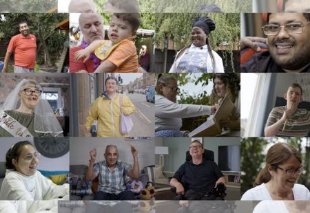 A collage of people we support who featured in the video - they are all smiling to camera or doing various activities - including chatting to their support teams, cooking and going out for walks in the community.