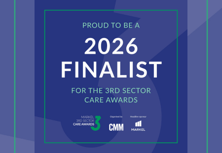 A blue banner reads - 'Proud to be a 2026 finalist for the Markel 3rd Sector Care Awards'