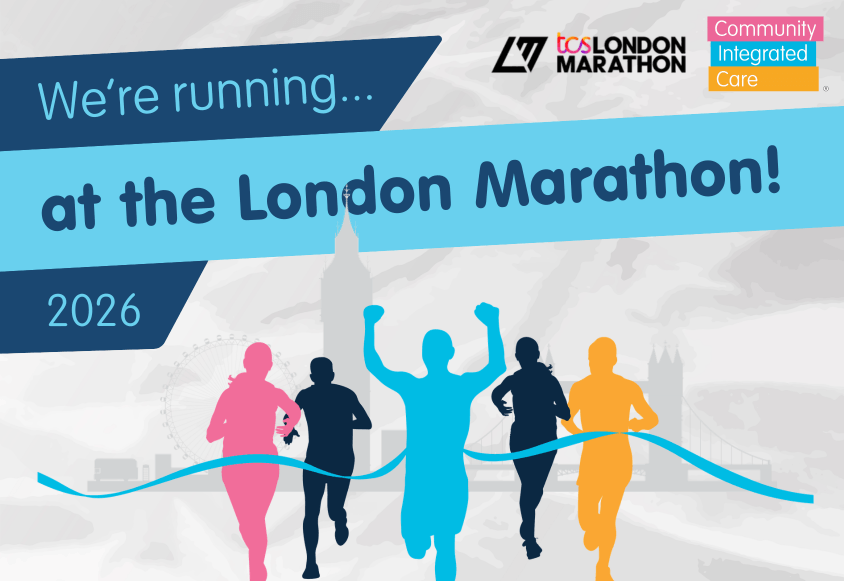 An image graphic of runners crossing a finish line. Text reads 'We're running at the London Marathon 2026'