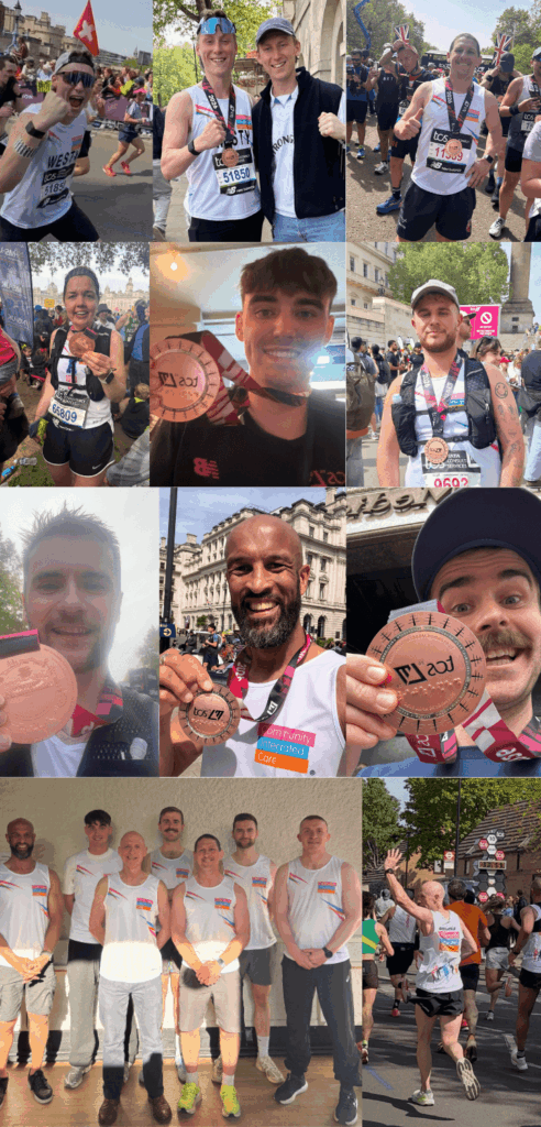 A collage of running pictures all of people who ran the London Marathon for Community Integrated Care. Some are running in the crowd whilst others hold their medals to camera.