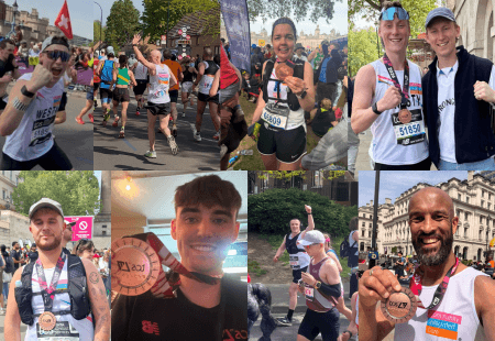 A collage of running pictures all of people who ran the London Marathon for Community Integrated Care. Some are running in the crowd whilst others hold their medals to camera.