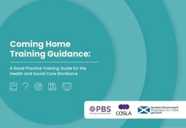 The front cover of a guide. The cove ris a teal green/blue and has the title: Coming Home Training Guidance on it.