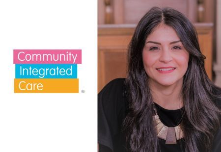 A head and shoulders photo of Nadia Khan, Head of Complex Care at Community Integrated Care, next to a Community Integrated Care logo