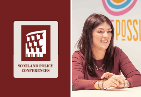 Sara Murphy smiling next to a picture of the Scotland Policy Conferences logo