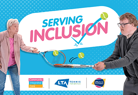 A graphic reads 'Serving Inclusion' with two people holding tennis rackets either side of it.
