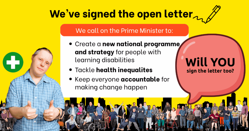 “Bright yellow campaign graphic showing a crowd of people and a person giving a thumbs-up, alongside text about signing an open letter to the Prime Minister. The message calls for a new national programme, action on health inequalities, and accountability. A speech bubble asks: ‘Will YOU sign the letter too?’”