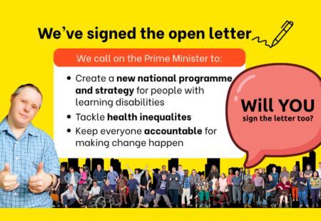 “Bright yellow campaign graphic showing a crowd of people and a person giving a thumbs-up, alongside text about signing an open letter to the Prime Minister. The message calls for a new national programme, action on health inequalities, and accountability. A speech bubble asks: ‘Will YOU sign the letter too?’”