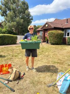 A photo of a lady holding holding a box full of plants on a sunny day