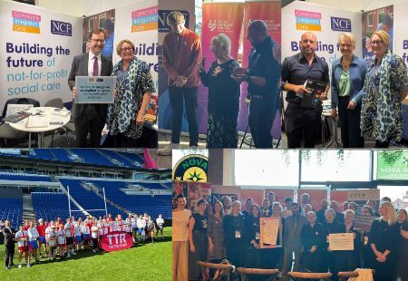 A collage of images from the Labour Party Conference. Some images are people at the exhibition, holding signs, oen is a group picture on a football pitch and others are of people speaking to an audience.