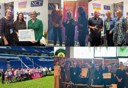 A collage of images from the Labour Party Conference. Some images are people at the exhibition, holding signs, oen is a group picture on a football pitch and others are of people speaking to an audience.